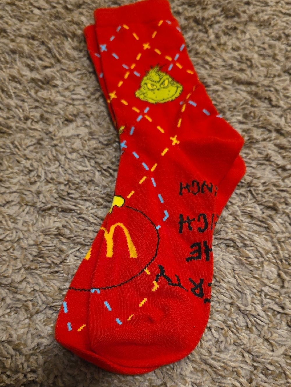 McDonald's Red Grinch Argyle Crew Socks with Yellow Accents